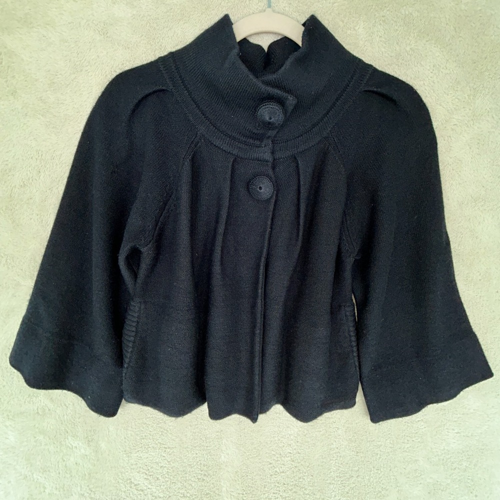 AMALIALAD 100% Merino Wool Navy Blue Knit Cape Cardigan Size L Jacket 32" Chest